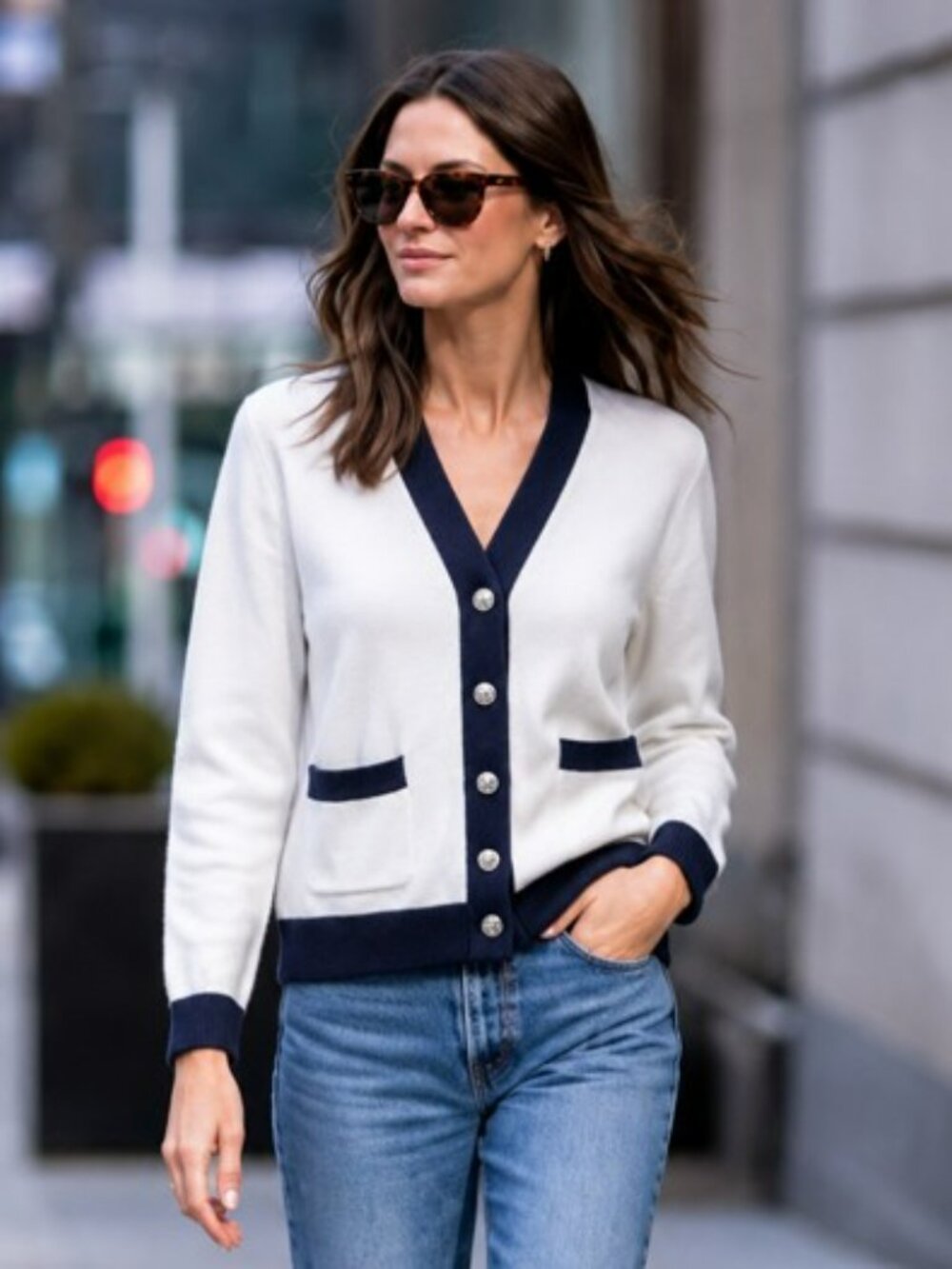 Lumiere White Cardigan with Navy Trim and Silver Button